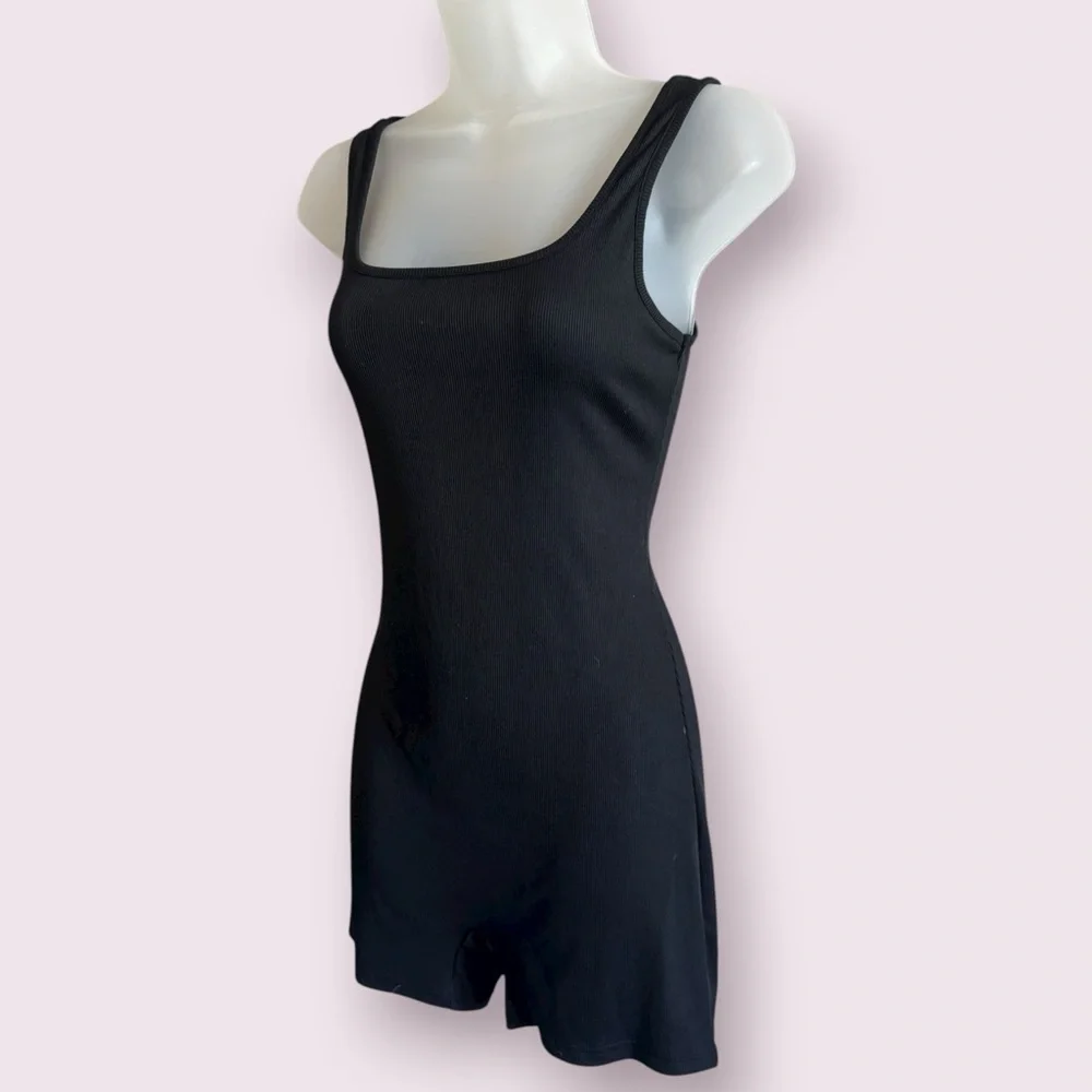 Black Ribbed Tank Romper Square Neck Stretch One Piece Size L - Picture 3 of 5